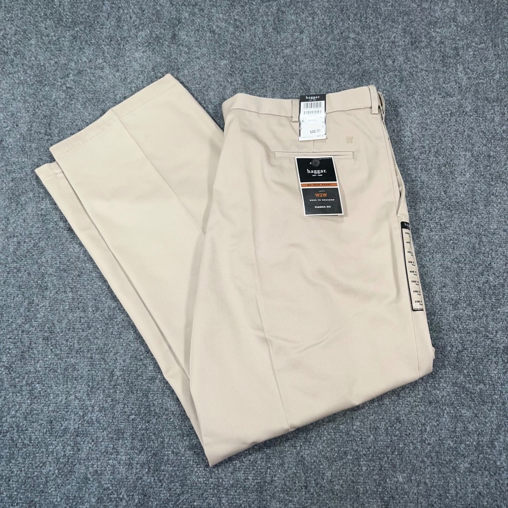NWT Haggar Work to Weekend Khaki Pants Men 44x32 Classic Fit No Iron Pleated Tan